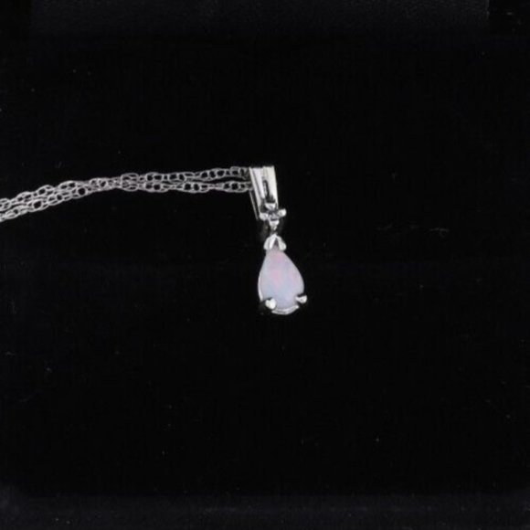 14k White Gold Natural Opal and Diamond Necklace 18 inch chain 1 mm - Picture 1 of 10